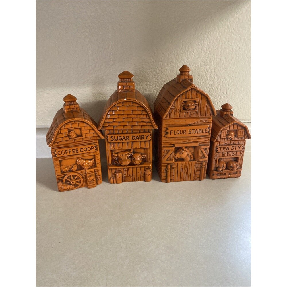 4 TWIN WINTON CANISTERS FLOUR BARN SUGAR DAIRY